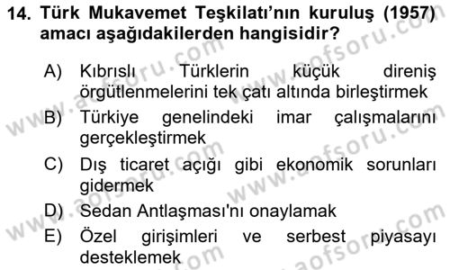 Türkiye Cumhuriyeti Siyasî Tarihi Dersi 2023 - 2024 Yılı (Vize) Ara Sınav Soruları 14. Soru