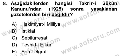 Türkiye Cumhuriyeti Siyasî Tarihi Dersi 2023 - 2024 Yılı (Vize) Ara Sınav Soruları 8. Soru