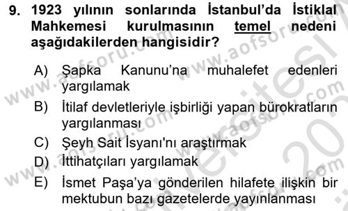 Türkiye Cumhuriyeti Siyasî Tarihi Dersi 2023 - 2024 Yılı (Vize) Ara Sınav Soruları 9. Soru