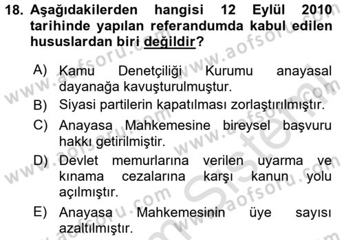 Türkiye Cumhuriyeti Siyasî Tarihi Dersi 2023 - 2024 Yılı (Final) Dönem Sonu Sınav Soruları 18. Soru