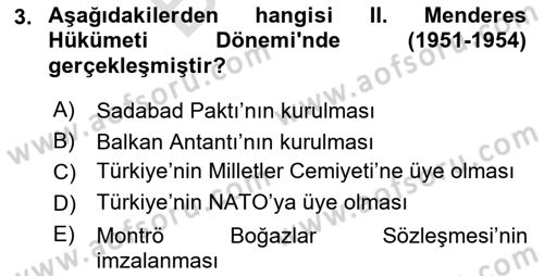 Türkiye Cumhuriyeti Siyasî Tarihi Dersi 2023 - 2024 Yılı (Final) Dönem Sonu Sınav Soruları 3. Soru
