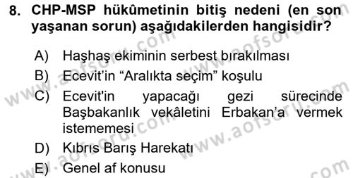 Türkiye Cumhuriyeti Siyasî Tarihi Dersi 2023 - 2024 Yılı (Final) Dönem Sonu Sınav Soruları 8. Soru