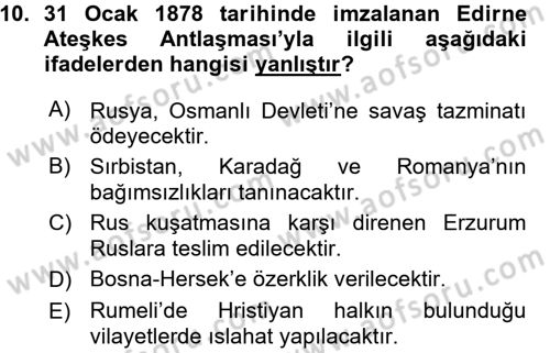 Osmanlı Tarihi (1876–1918) Dersi 2015 - 2016 Yılı (Vize) Ara Sınav Soruları 10. Soru