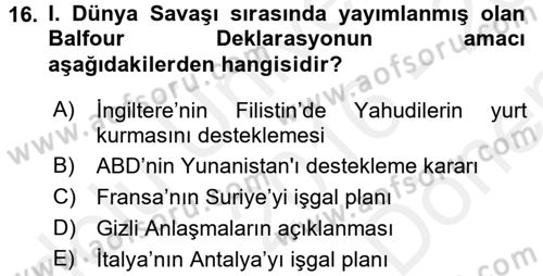 Osmanlı Tarihi (1876–1918) Dersi 2016 - 2017 Yılı (Final) Dönem Sonu Sınav Soruları 16. Soru