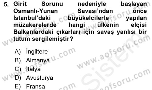 Osmanlı Tarihi (1876–1918) Dersi 2016 - 2017 Yılı (Final) Dönem Sonu Sınav Soruları 5. Soru