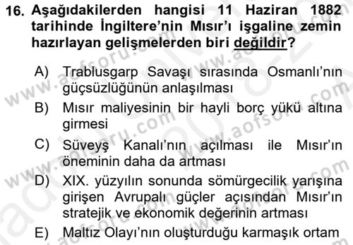 Osmanlı Tarihi (1876–1918) Dersi Ara Sınavı Deneme Sınav Soruları 16. Soru