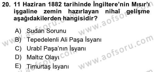 Osmanlı Tarihi (1876–1918) Dersi 2019 - 2020 Yılı (Vize) Ara Sınav Soruları 20. Soru