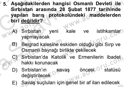 Osmanlı Tarihi (1876–1918) Dersi 2019 - 2020 Yılı (Vize) Ara Sınav Soruları 5. Soru
