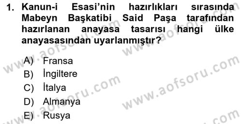 Osmanlı Tarihi (1876–1918) Dersi 2020 - 2021 Yılı Yaz Okulu Sınav Soruları 1. Soru