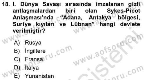 Osmanlı Tarihi (1876–1918) Dersi 2020 - 2021 Yılı Yaz Okulu Sınav Soruları 18. Soru