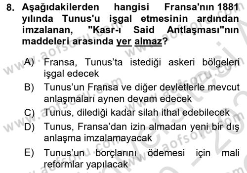 Osmanlı Tarihi (1876–1918) Dersi 2020 - 2021 Yılı Yaz Okulu Sınav Soruları 8. Soru