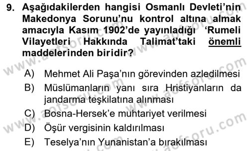 Osmanlı Tarihi (1876–1918) Dersi 2020 - 2021 Yılı Yaz Okulu Sınav Soruları 9. Soru