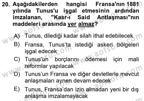 Osmanlı Tarihi (1876–1918) Dersi 2021 - 2022 Yılı (Vize) Ara Sınav Soruları 20. Soru
