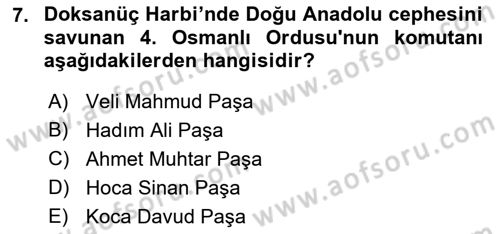 Osmanlı Tarihi (1876–1918) Dersi 2021 - 2022 Yılı (Vize) Ara Sınav Soruları 7. Soru