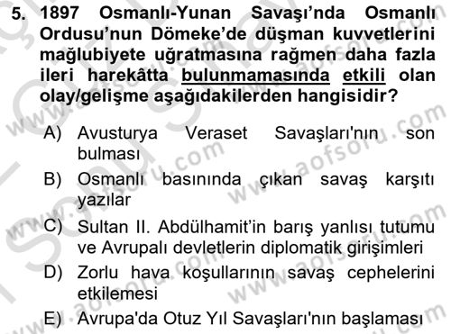 Osmanlı Tarihi (1876–1918) Dersi 2021 - 2022 Yılı (Final) Dönem Sonu Sınav Soruları 5. Soru