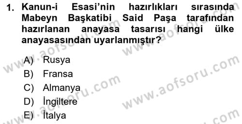 Osmanlı Tarihi (1876–1918) Dersi 2021 - 2022 Yılı Yaz Okulu Sınav Soruları 1. Soru