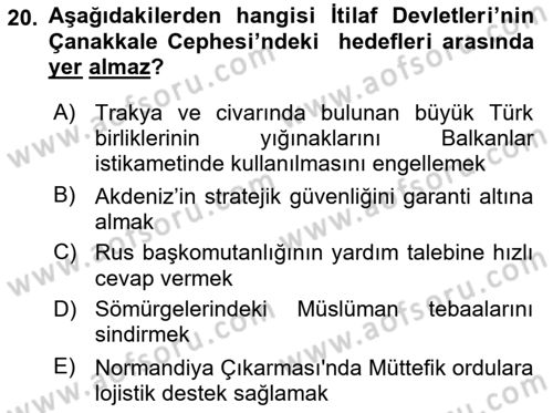 Osmanlı Tarihi (1876–1918) Dersi 2021 - 2022 Yılı Yaz Okulu Sınav Soruları 20. Soru