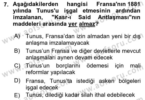 Osmanlı Tarihi (1876–1918) Dersi 2021 - 2022 Yılı Yaz Okulu Sınav Soruları 7. Soru