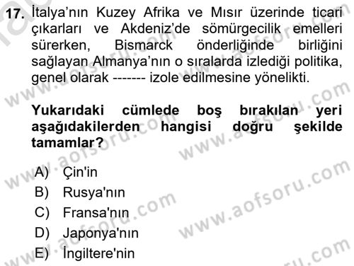 Osmanlı Tarihi (1876–1918) Dersi 2022 - 2023 Yılı (Vize) Ara Sınav Soruları 17. Soru