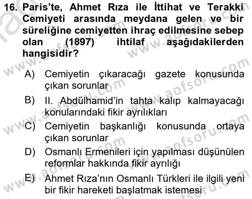 Osmanlı Tarihi (1876–1918) Dersi 2022 - 2023 Yılı Yaz Okulu Sınav Soruları 16. Soru