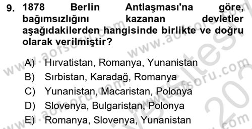 Osmanlı Tarihi (1876–1918) Dersi 2022 - 2023 Yılı Yaz Okulu Sınav Soruları 9. Soru