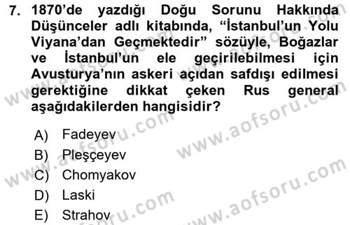 Osmanlı Tarihi (1876–1918) Dersi 2023 - 2024 Yılı (Vize) Ara Sınav Soruları 7. Soru