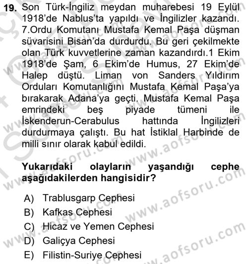 Osmanlı Tarihi (1876–1918) Dersi 2023 - 2024 Yılı (Final) Dönem Sonu Sınav Soruları 19. Soru