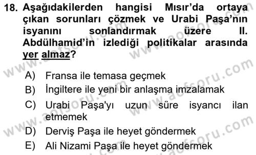 Osmanlı Tarihi (1876–1918) Dersi 2024 - 2025 Yılı (Vize) Ara Sınav Soruları 18. Soru
