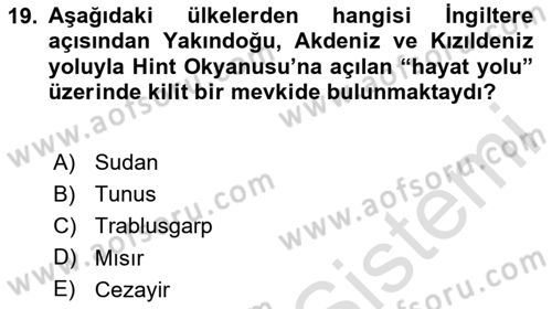 Osmanlı Tarihi (1876–1918) Dersi Ara Sınavı Deneme Sınav Soruları 19. Soru