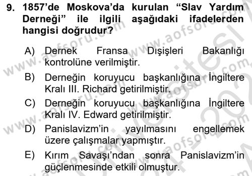 Osmanlı Tarihi (1876–1918) Dersi Ara Sınavı Deneme Sınav Soruları 9. Soru