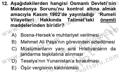 Osmanlı Tarihi (1876–1918) Dersi 2024 - 2025 Yılı Yaz Okulu Sınav Soruları 12. Soru