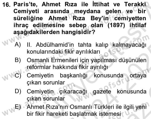 Osmanlı Tarihi (1876–1918) Dersi 2024 - 2025 Yılı Yaz Okulu Sınav Soruları 16. Soru