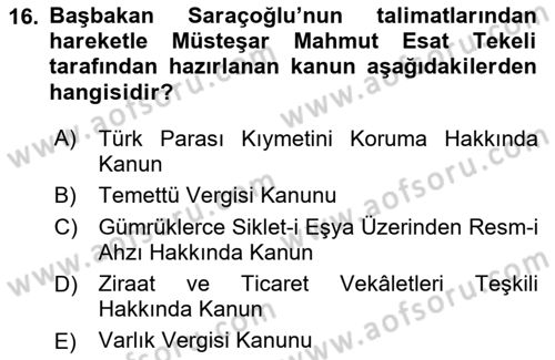 Türkiye Cumhuriyeti İktisat Tarihi Dersi 2023 - 2024 Yılı (Vize) Ara Sınav Soruları 16. Soru
