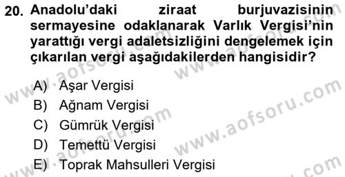 Türkiye Cumhuriyeti İktisat Tarihi Dersi 2023 - 2024 Yılı (Vize) Ara Sınav Soruları 20. Soru