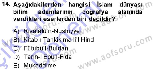 Tarihi Coğrafya Dersi Ara Sınavı Deneme Sınav Soruları 14. Soru