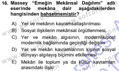 Tarihi Coğrafya Dersi 2015 - 2016 Yılı (Final) Dönem Sonu Sınav Soruları 16. Soru