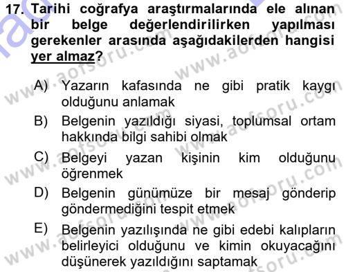 Tarihi Coğrafya Dersi 2015 - 2016 Yılı (Final) Dönem Sonu Sınav Soruları 17. Soru
