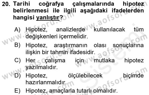 Tarihi Coğrafya Dersi 2015 - 2016 Yılı Tek Ders Sınav Soruları 20. Soru