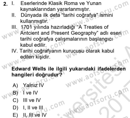 Tarihi Coğrafya Dersi 2016 - 2017 Yılı (Vize) Ara Sınav Soruları 2. Soru