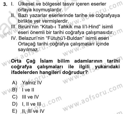 Tarihi Coğrafya Dersi Ara Sınavı Deneme Sınav Soruları 3. Soru