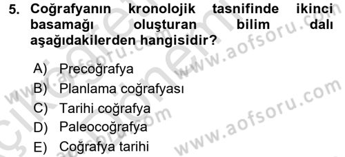 Tarihi Coğrafya Dersi Ara Sınavı Deneme Sınav Soruları 5. Soru