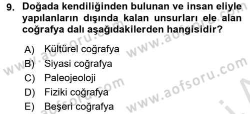 Tarihi Coğrafya Dersi Ara Sınavı Deneme Sınav Soruları 9. Soru