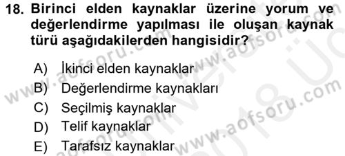 Tarihi Coğrafya Dersi 2017 - 2018 Yılı 3 Ders Sınav Soruları 18. Soru
