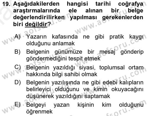 Tarihi Coğrafya Dersi 2017 - 2018 Yılı 3 Ders Sınav Soruları 19. Soru
