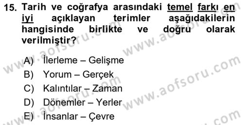 Tarihi Coğrafya Dersi 2018 - 2019 Yılı (Vize) Ara Sınav Soruları 15. Soru