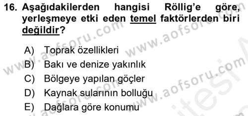 Tarihi Coğrafya Dersi 2018 - 2019 Yılı (Vize) Ara Sınav Soruları 16. Soru