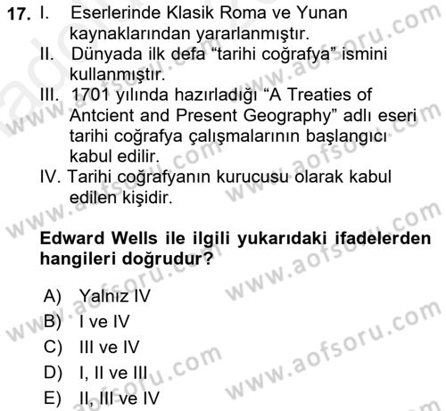 Tarihi Coğrafya Dersi Ara Sınavı Deneme Sınav Soruları 17. Soru