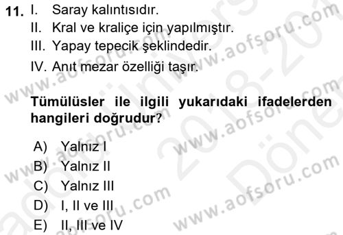 Tarihi Coğrafya Dersi 2018 - 2019 Yılı (Final) Dönem Sonu Sınav Soruları 11. Soru