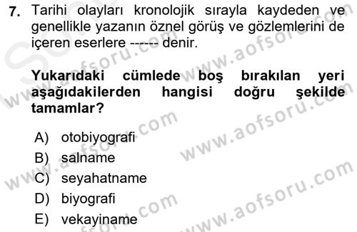 Tarihi Coğrafya Dersi 2018 - 2019 Yılı (Final) Dönem Sonu Sınav Soruları 7. Soru