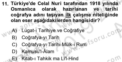 Tarihi Coğrafya Dersi Ara Sınavı Deneme Sınav Soruları 11. Soru